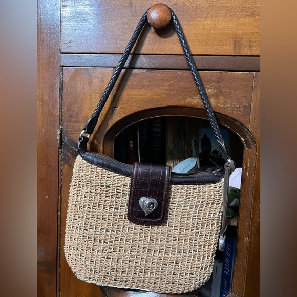 Vintage Brighton Natural Woven Straw Hand Bag Leather Trim Purse Heart Logo - Picture 1 of 7